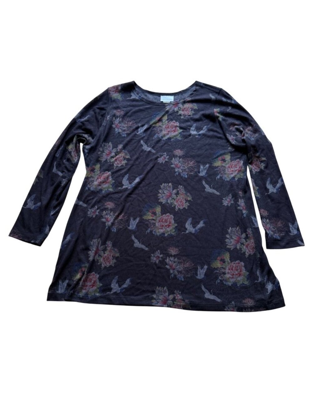Soft Surroundings Floral & Bird Print Long Sleeve Tunic Top Black XL